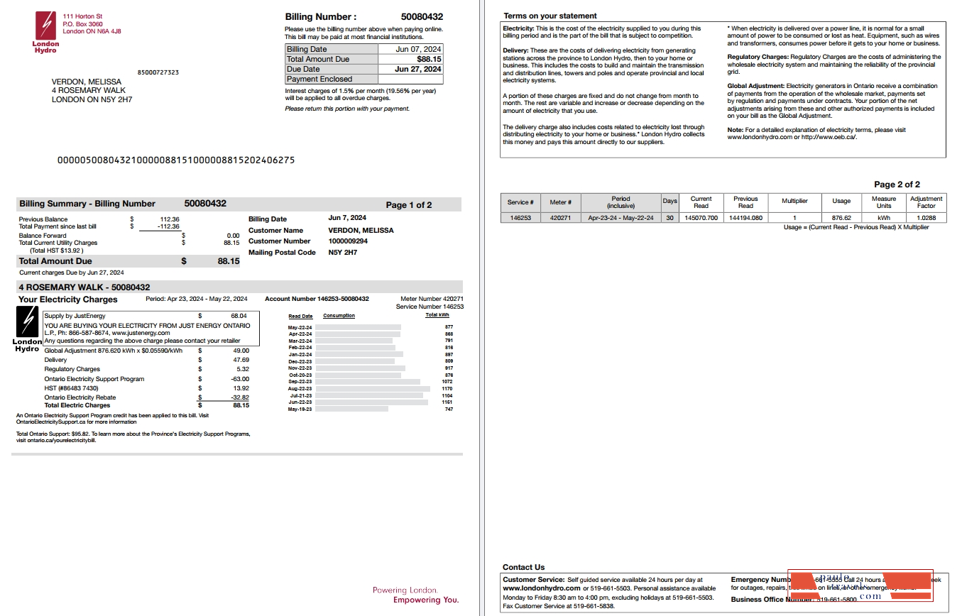 Canada Ontario London Hydro utility bill scr